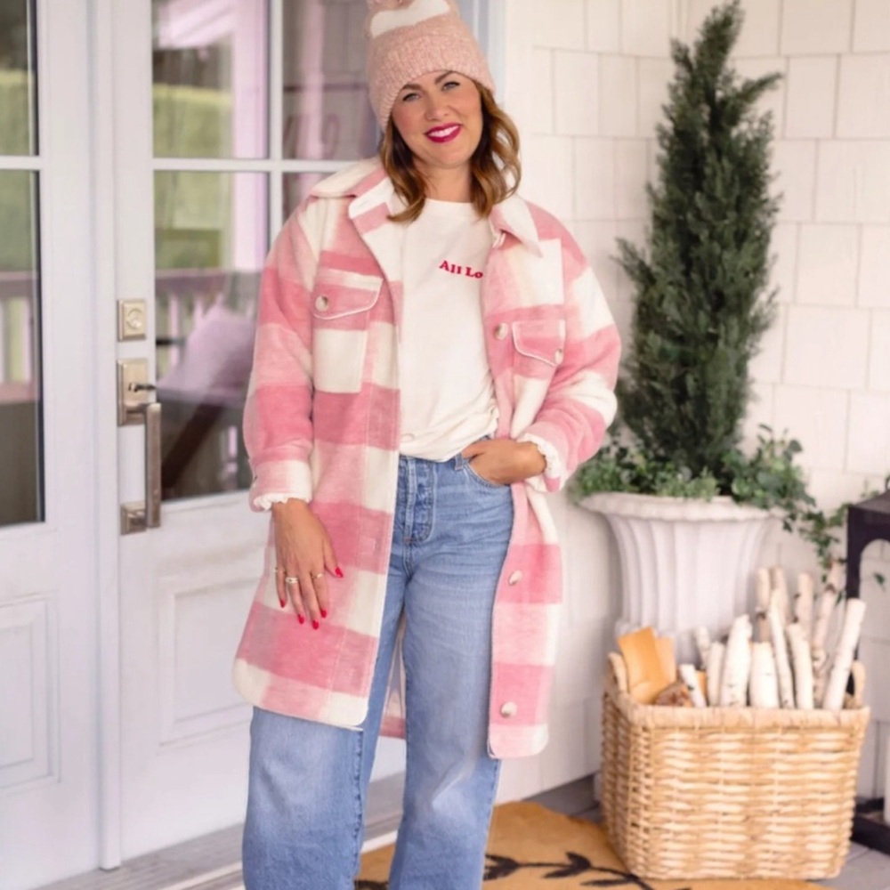 Jillian Harris Joe fresh collection pink checkered shacket